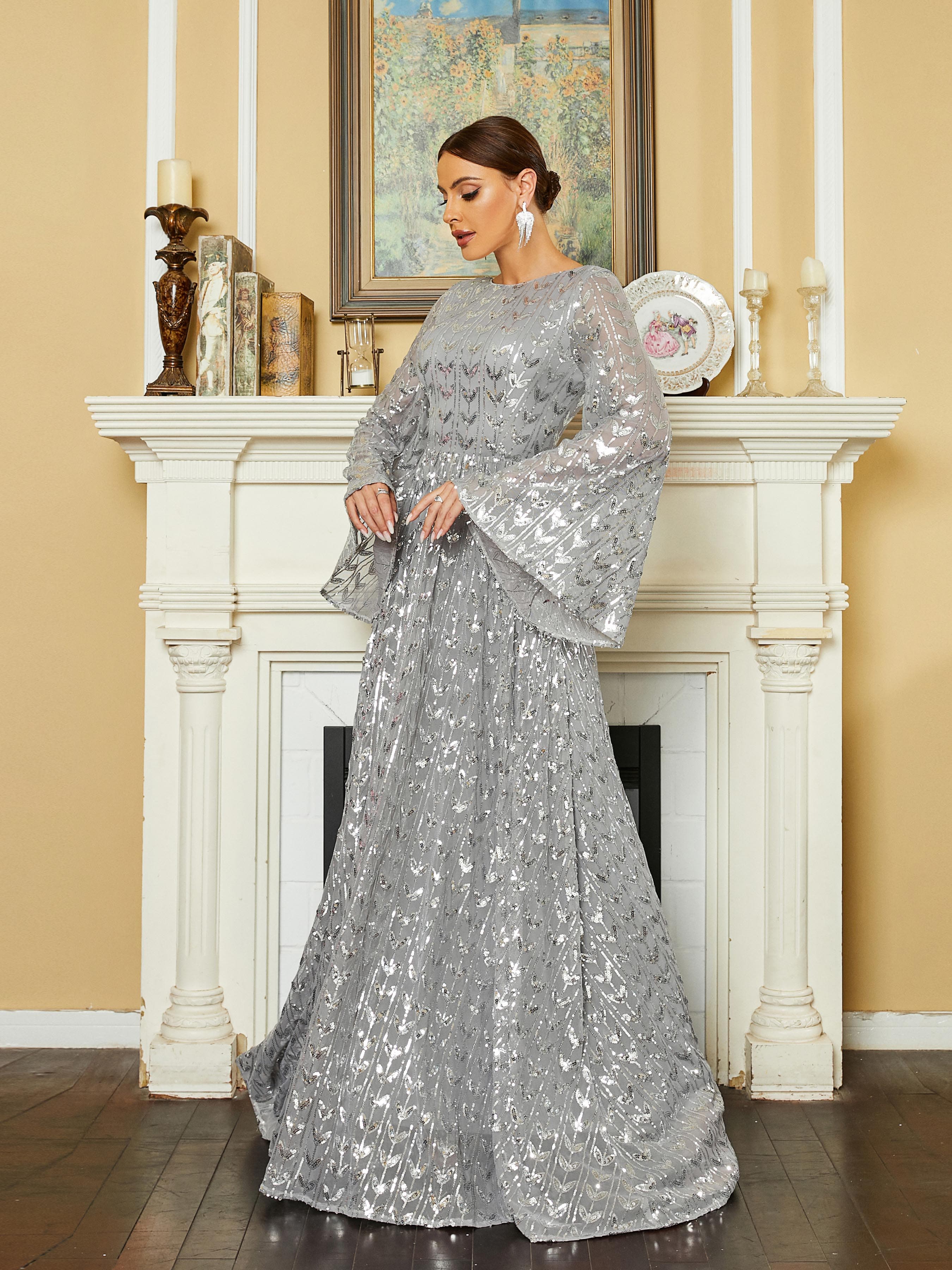 Crew Collar Bell Sleeve Backless Sequin Grey Evening Dress RM20603