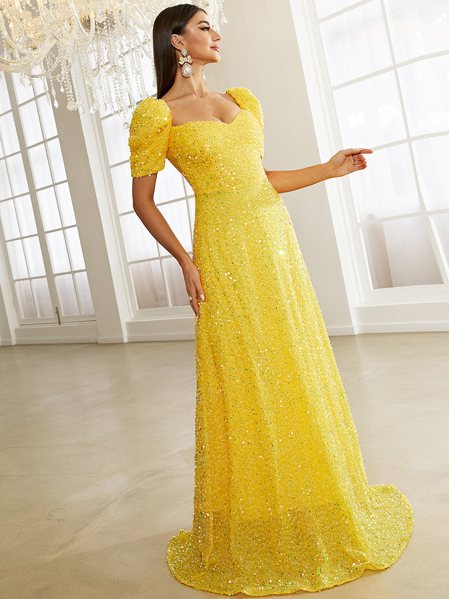 Light Yellow Floor Length Puff Sleeve Sequin Dress XJ1509