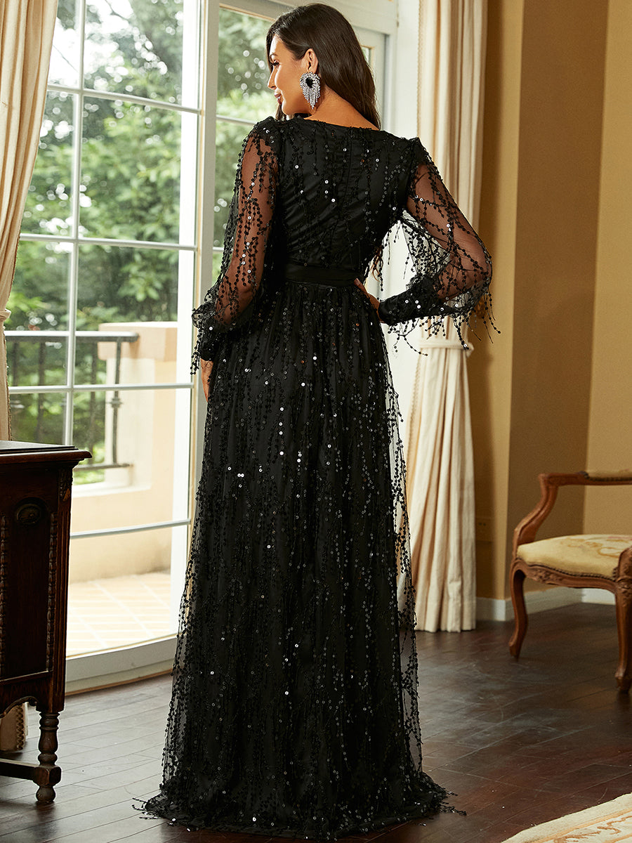 Sequin Fringed Bowknot Long Sleeve Slit Thigh Prom Dress M02086