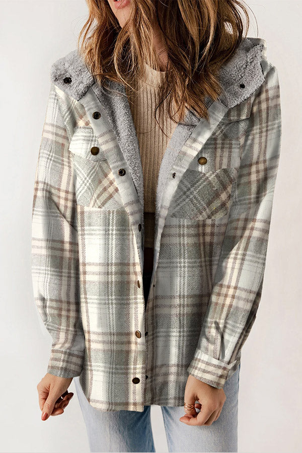 Snap Button Sherpa Lined Hooded Flannel Jacket