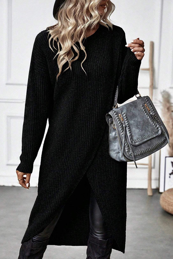 Essence Solid Wrap Hem Knitted Long Sleeve Midi Sweater