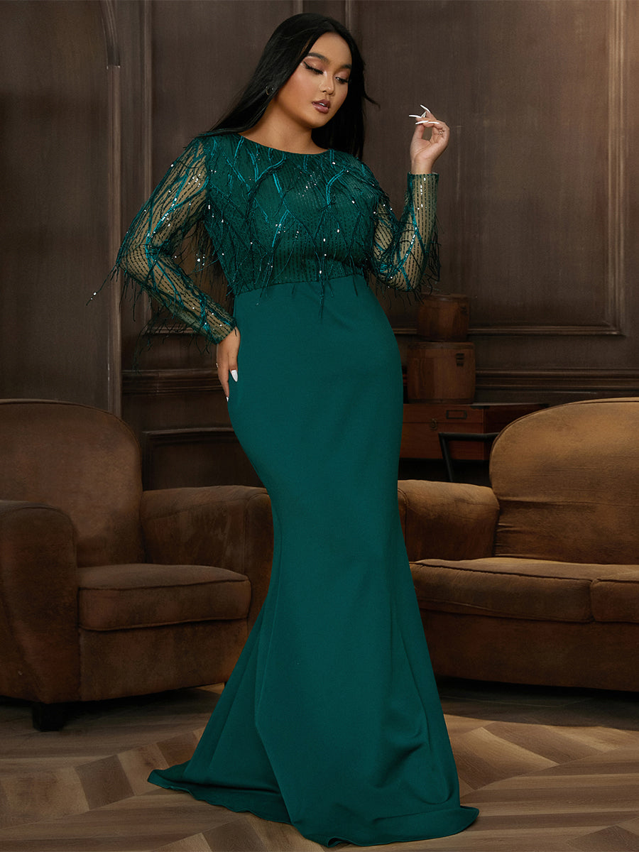 Long Sleeve Fringed Sequin Green Evening Dress PJMT1103