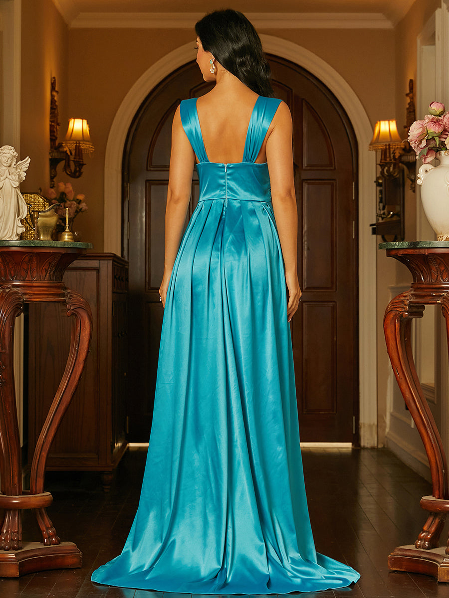 Ruched Sleeveless Satin Blue Maxi Prom Dress RM20145