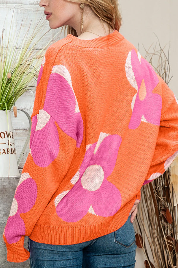 Pink & Orange Floral Cable Knitted Sweater