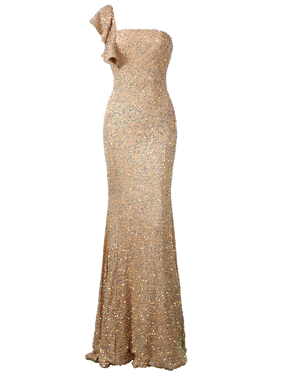 One-Shoulder Sequin Maxi Evening Dress XH2021