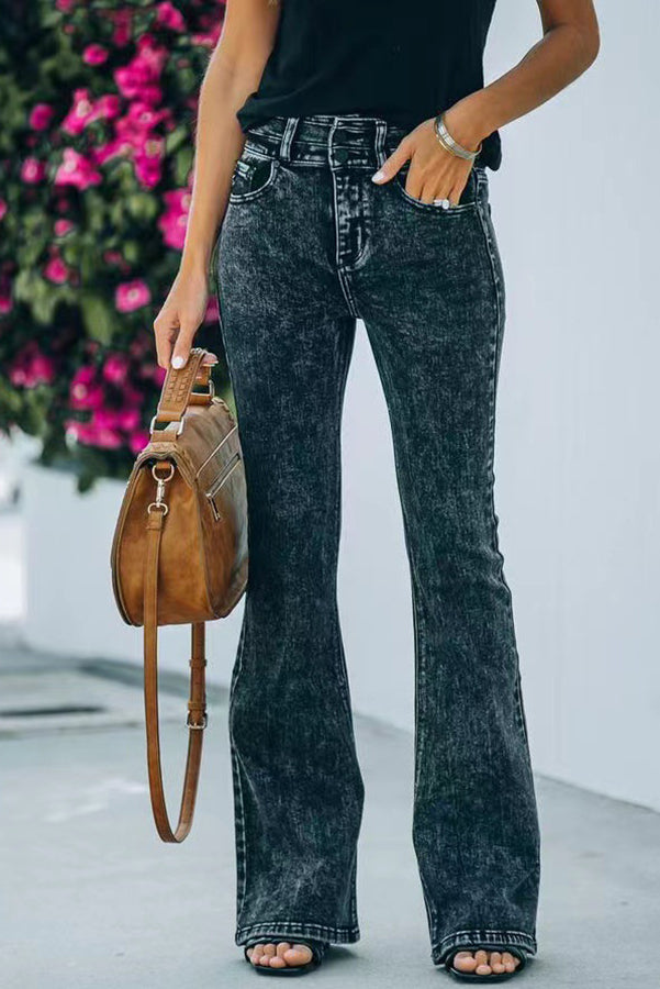 Pocket Stretch Waist Washed Wide Leg Jeans