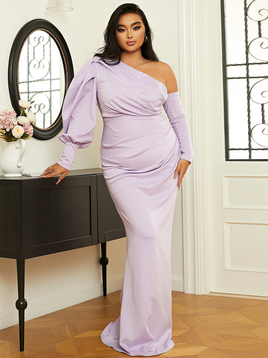 Plus Size Puff One Shoulder Maxi Knit Evening Dress PXH2250