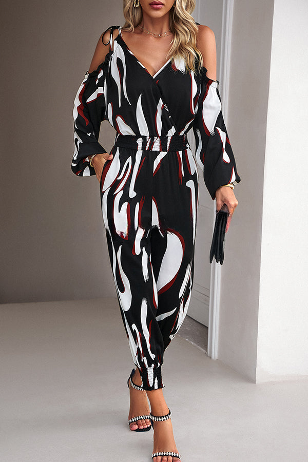 Graphic Print Stretch Waist Tie Long Sleeve Jumpsuit