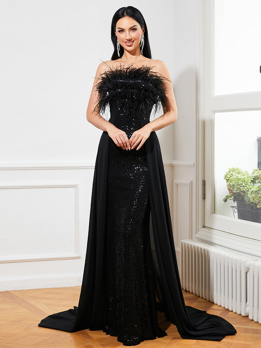 Feather Draped Sequin Formal Dress RJ10034