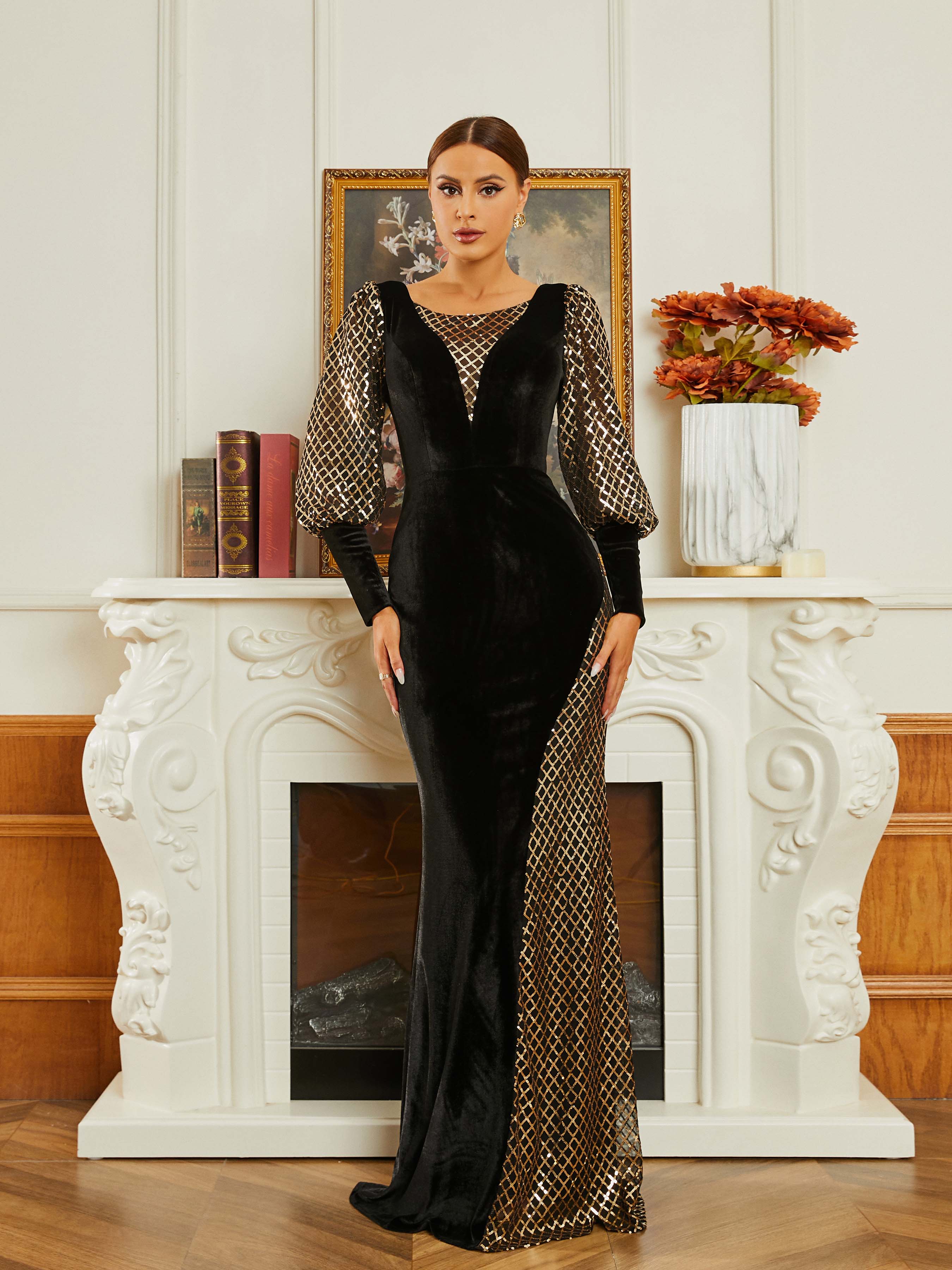 Bishop Sleeve Asymmetric Velvet Black Evening Dress RM20634