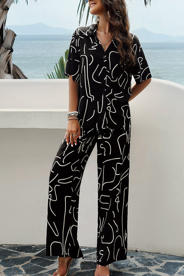 Fun Printed Button Pocket Long Sleeve Shirt and Elastic Waist Pants Set