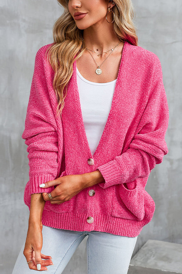 Button Front Pocketed Loose Fit Knitted Cardigan