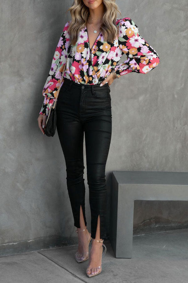 Floral V-neck Cross Design Balloon Sleeve Top