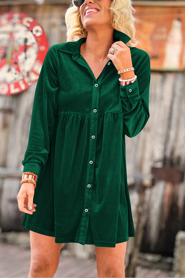 Long Sleeve Ruffle Velvet Button Up Shirt Dress