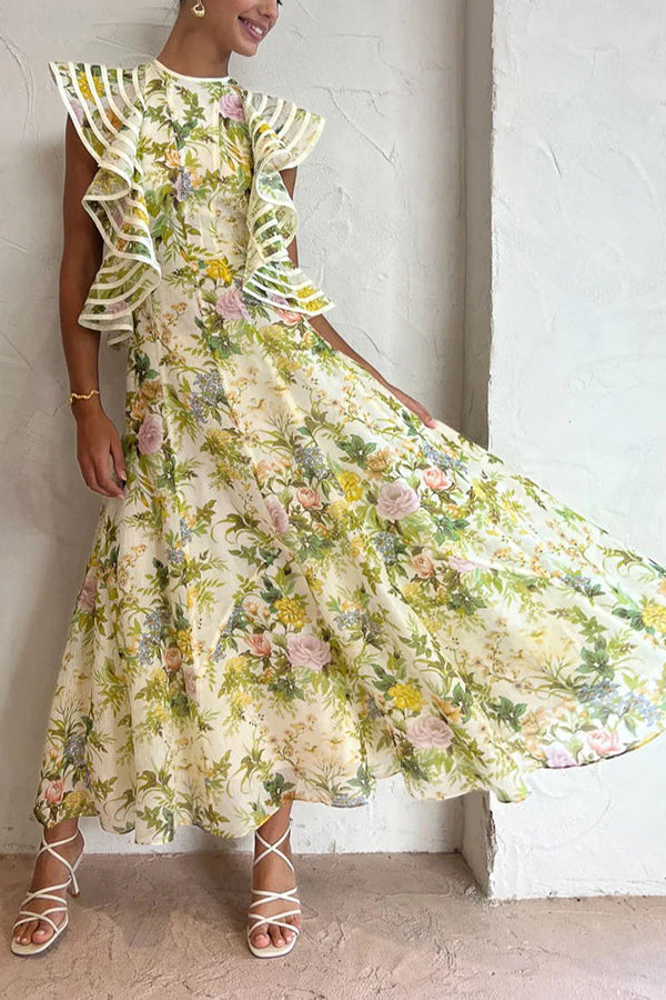 Romantic Silhouette Flower Print Back Lace-up Ruffle Sleeve Midi Dress