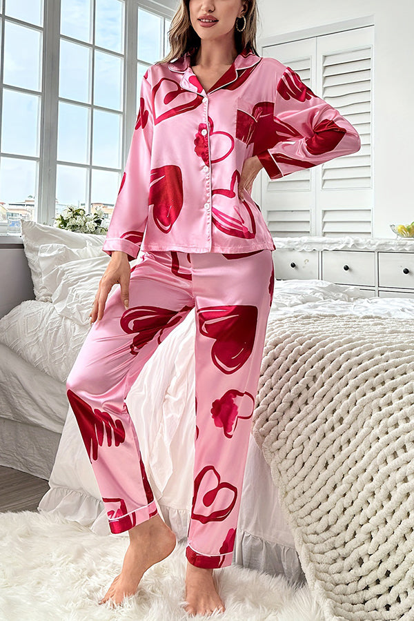 Eye Catching Printed Lapel Pocket Button Lounge Pant Suit