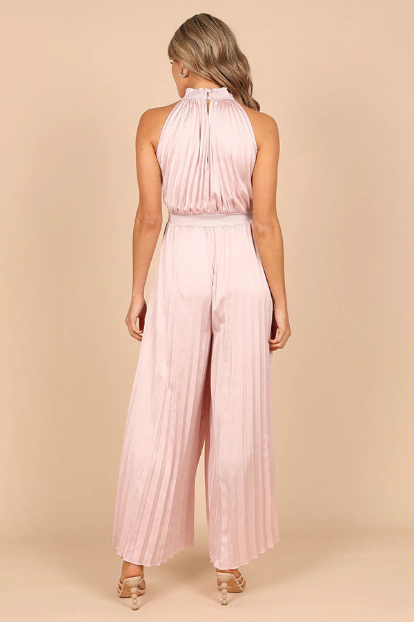 Callie Satin Halter Cutout Neck Pleated Elastic Waist Jumpsuit