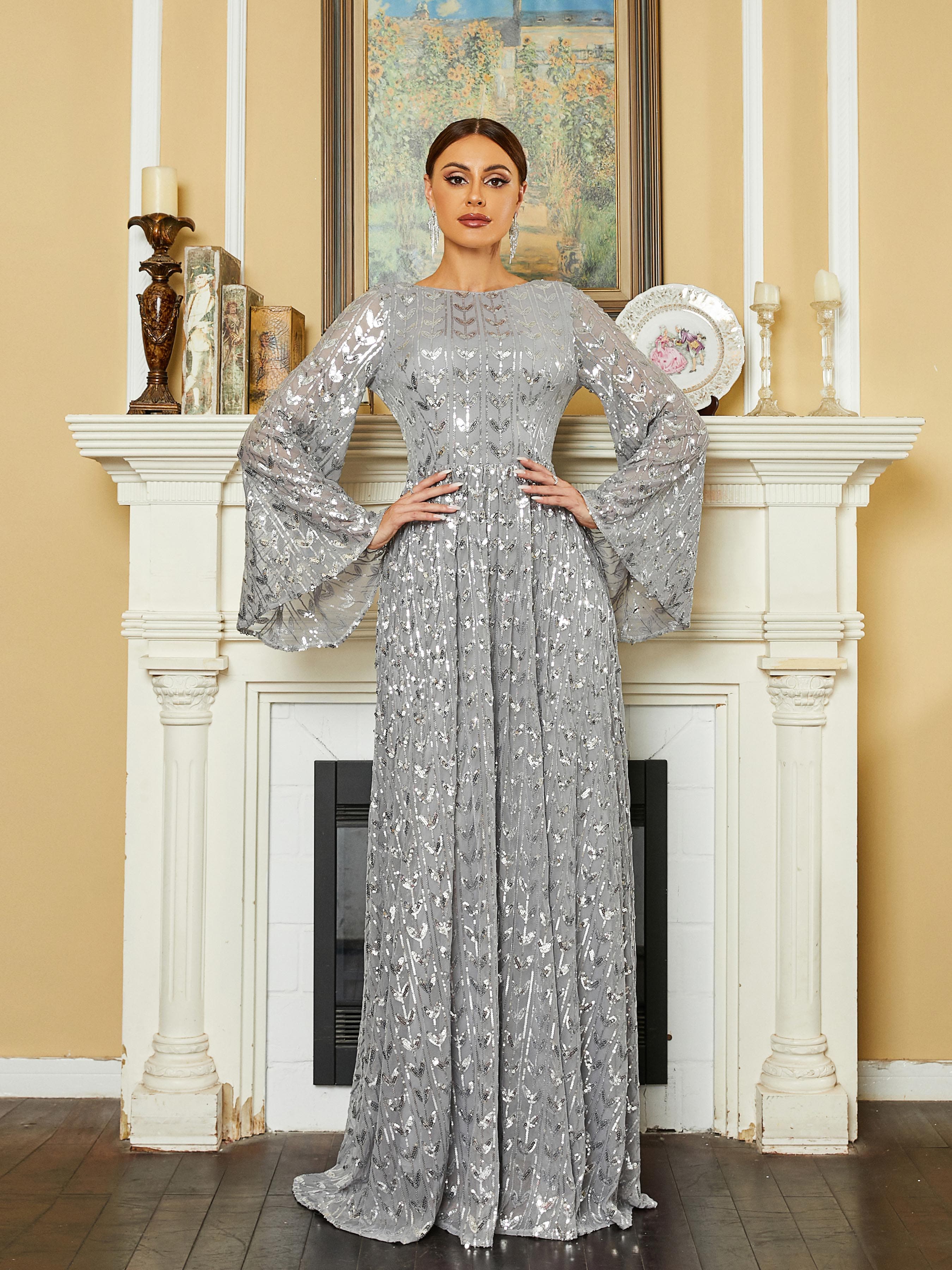 Crew Collar Bell Sleeve Backless Sequin Grey Evening Dress RM20603