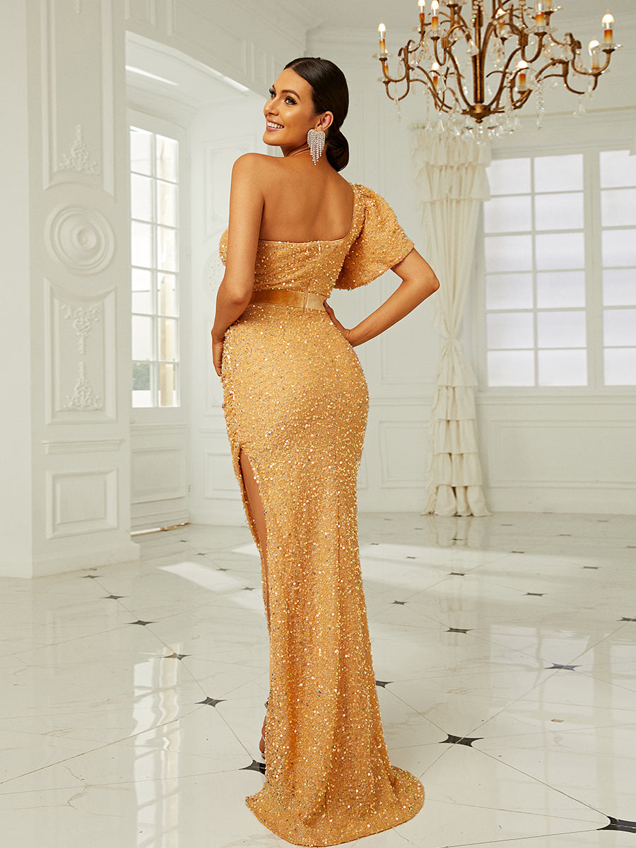 One Shoulder Mesh Panel Split Thigh Sequin Formal Dress XH2170