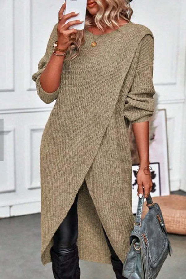 Essence Solid Wrap Hem Knitted Long Sleeve Midi Sweater