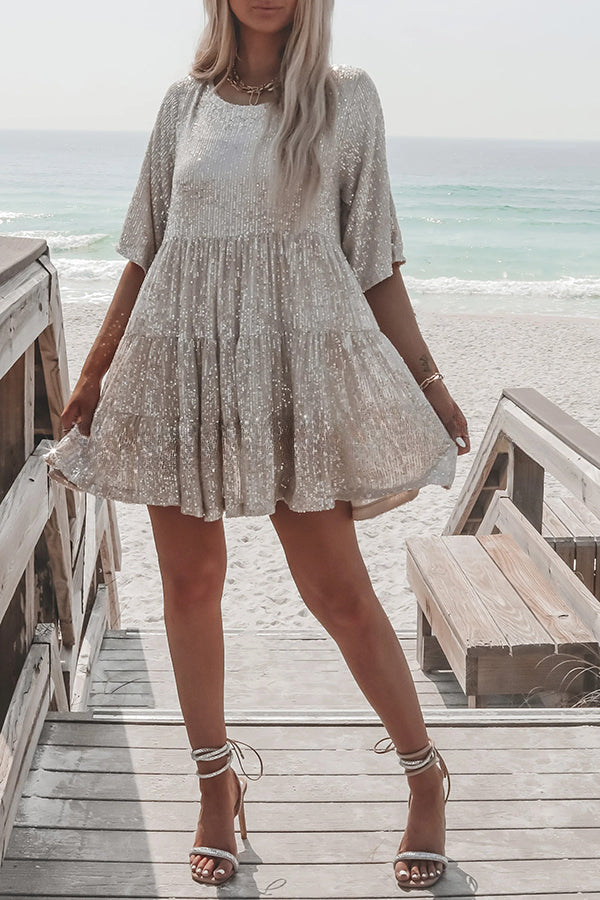 Sequined Round Neck Cute Style Mini Dress