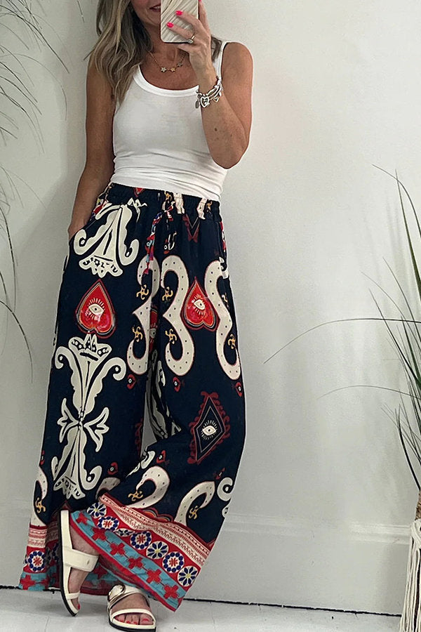 Queen of Hearts Printed Pocketed Drawstring Elastic Waist Pants