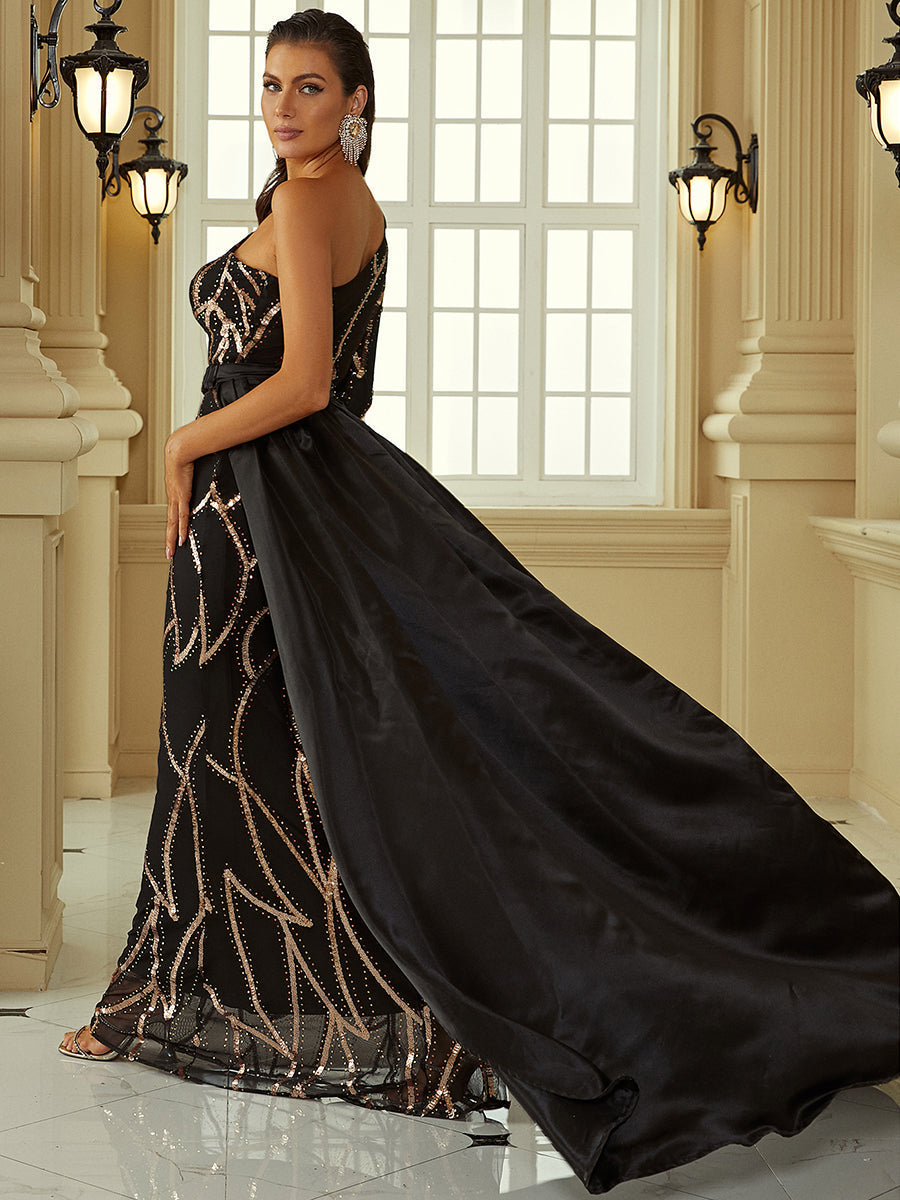 One Shoulder Cloak Sequin Prom Dress XH2172