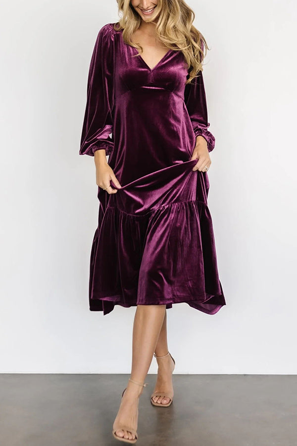 Erika Puff Sleeved Velvet Ruffled Midi Dress