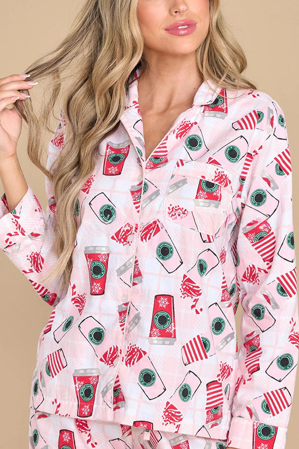 Need The Caffeine Print Elastic Waist Pocketed Dust Pajama Set