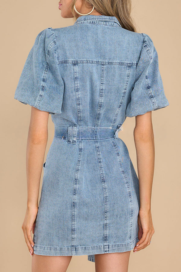 All about Love Light Wash Denim Pocketed Belt Mini Dress