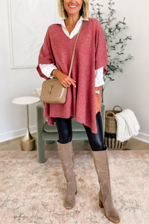 Chicest V Neck Loose Fit Solid Poncho Sweater