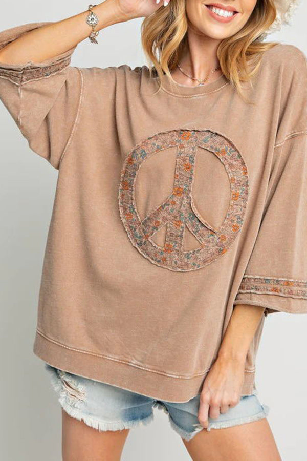 Peace Embroidered Round Neck Long Sleeve Sweatshirt