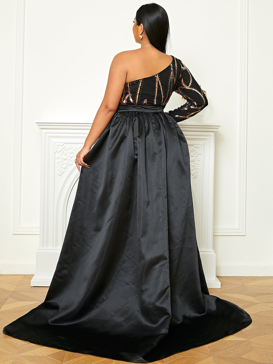 Plus Size One Shoulder Sequin Maxi Prom Dress PXH2172