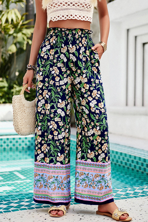 Floral Print Stretch Waist Pocket Wide Leg Pants