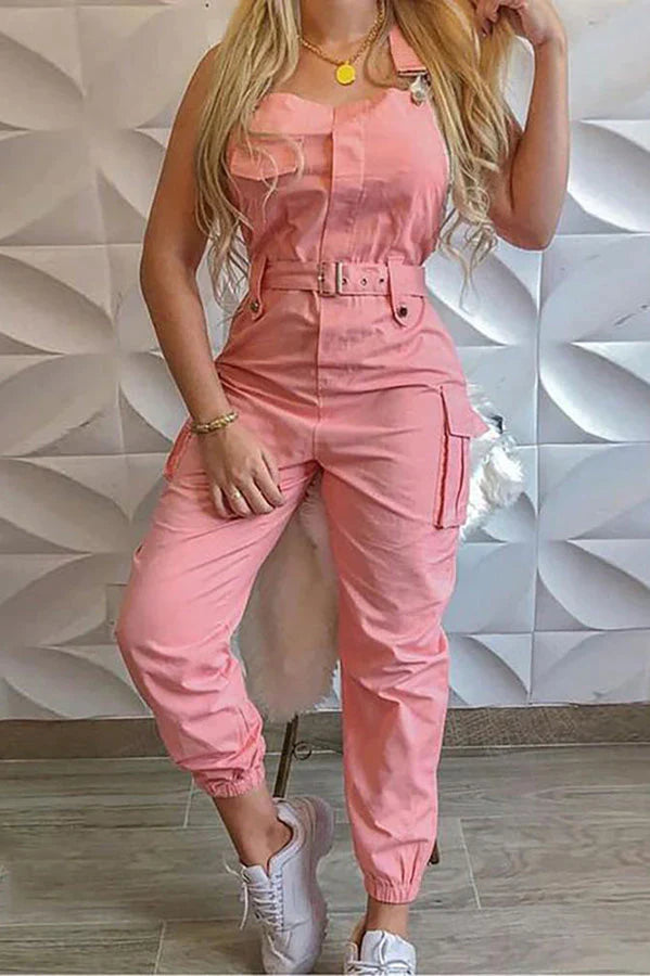 Nastia Pocket Buckle Design Cargo Suspender Jumpsuit