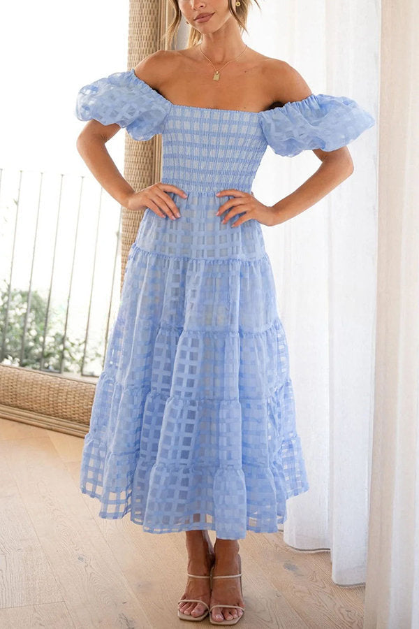 Dare To Dance Square Pattern Fabric Smocked Puff Sleeve Midi Dress