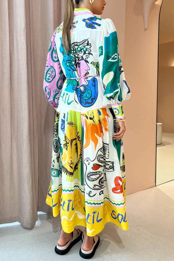 Boldness and Art Unique Print Balloon Sleeve Patchwork Shirt Midi Dress