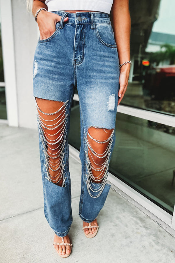 Dripping Diamonds Chain Cut Out Side Pocket Straight Leg Jeans