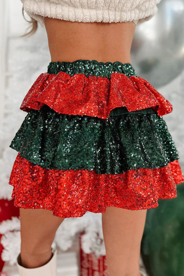 Little Christmas Magic Elastic Waist Tiered Sequin Mini Skirt