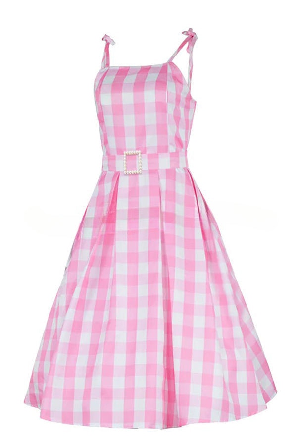 Barbie Pink Plaid Printed Cami Midi Dress