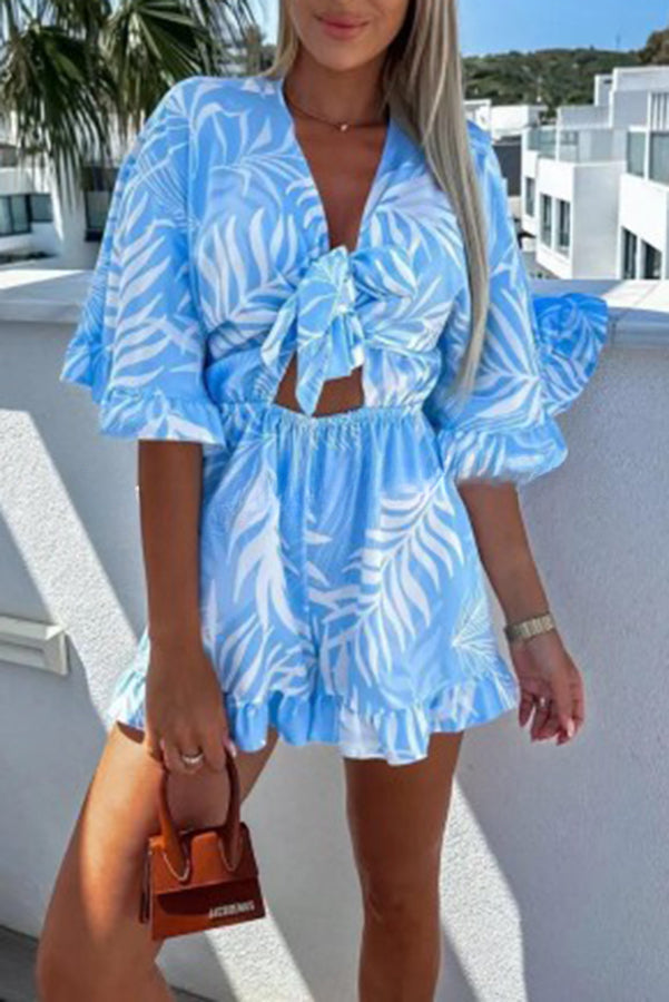 Zebra Print Ruffled Sleeves Dropped Sleeves V Neck Tie High Waist Romper