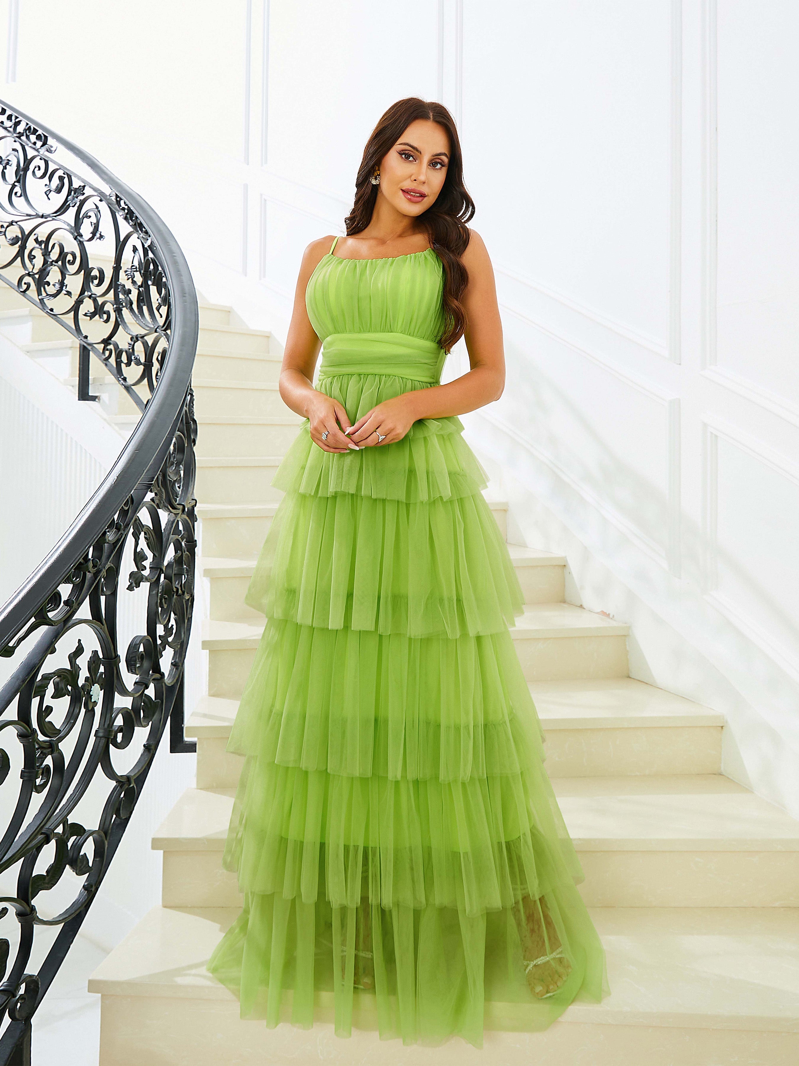 Spaghetti Ruffle Tulle Maxi Green Prom Dress M02332