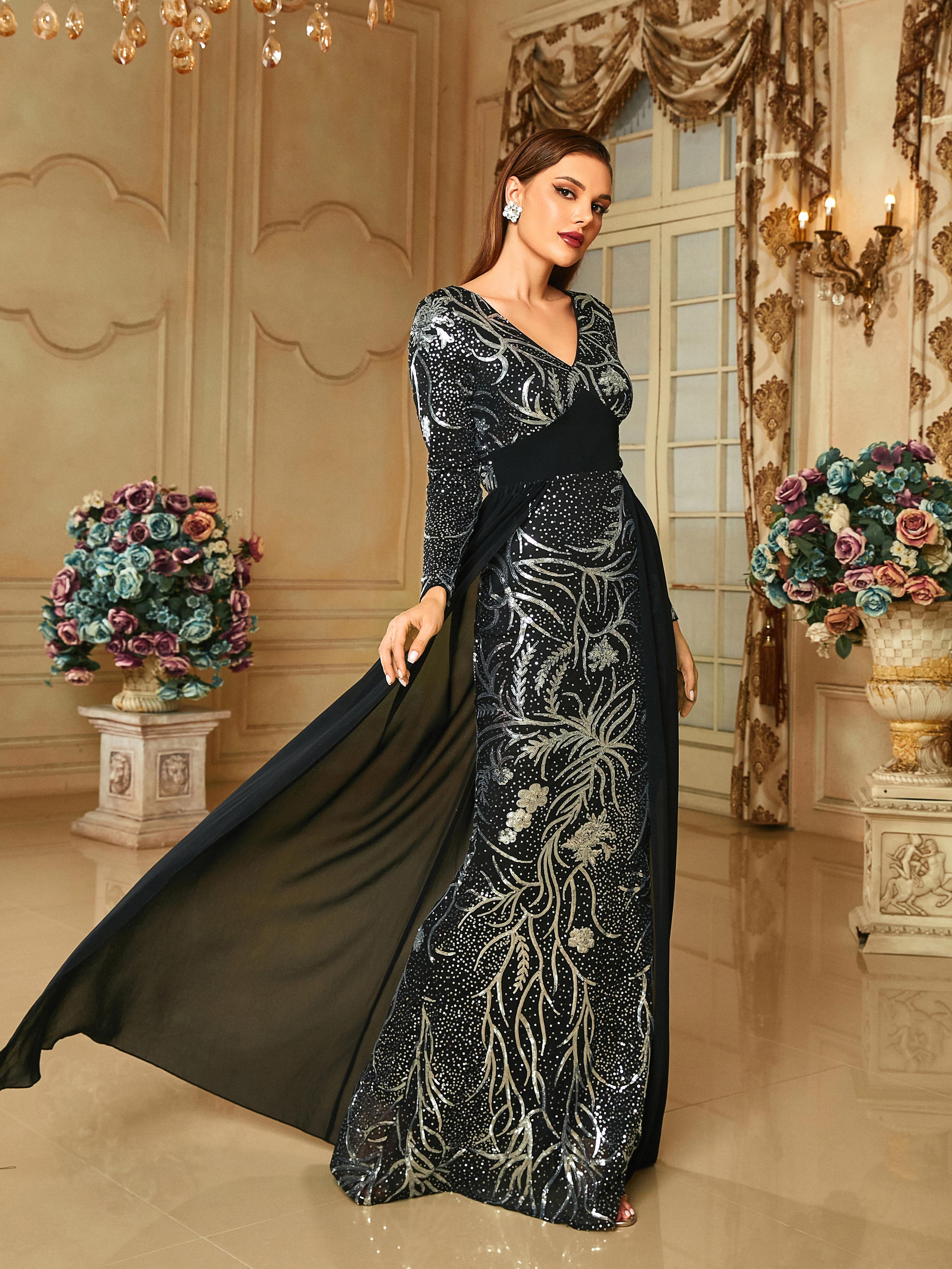 V-Neck Backless Mermaid Cloak Evening Dress RH30689