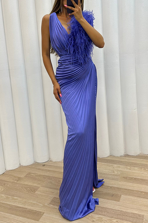 Forever Stunning Pleated Feather Trim Slit Evening Maxi Dress