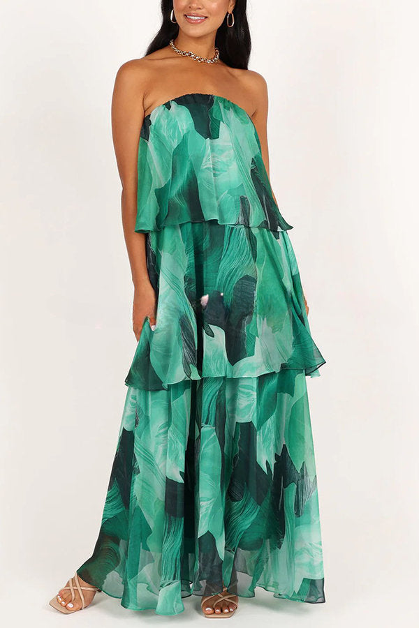 Sweet and Charming Printed Strapless Drop Tiered Ruffle Maxi Dress