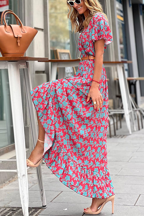 Joyful Living Floral Ruffle High Low Midi Dress