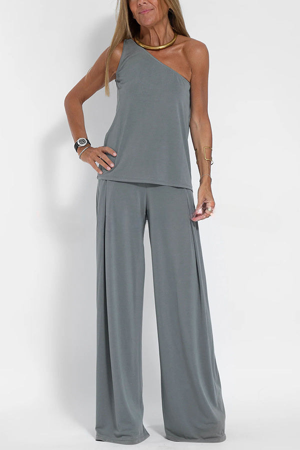 Modal One Shoulder Tank & Stretch Wide-leg Pants& Midi Vest Three Pieces Suit