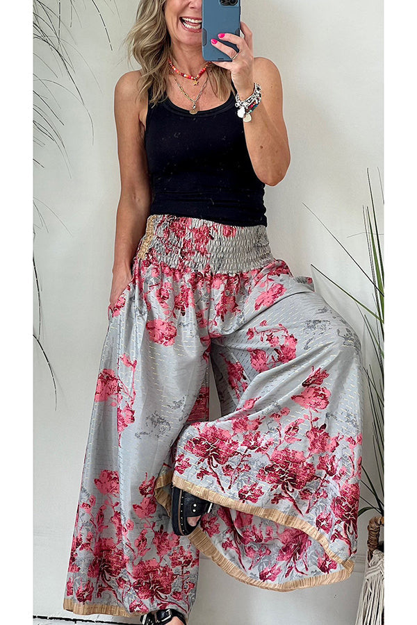 Fun Times Printed Pocketed Smocked Wide Leg Pants