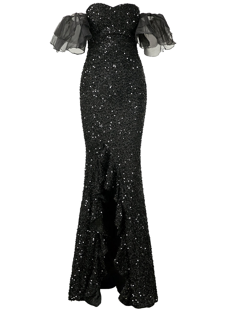 Off Shoulder Black Sequin Prom Dress WY69