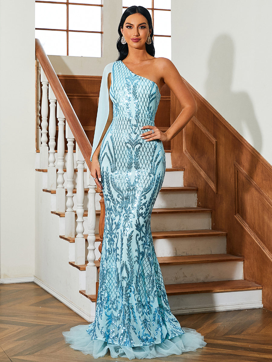 One Shoulder Cape Sleeve Blue Evening Dress M02285